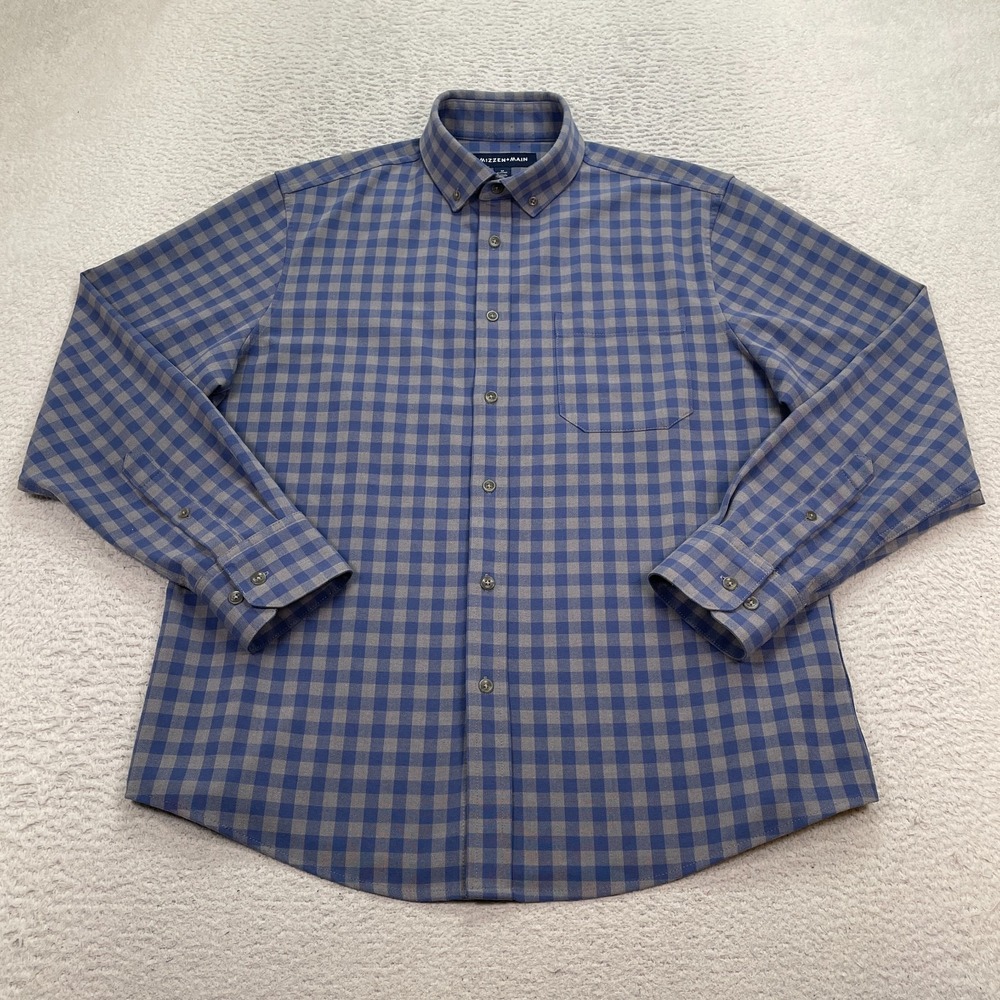 Mizzen Main City Flannel Mens Medium Classic Fit Blue Gray Gingham Plaid Stretch